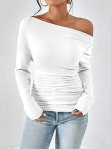 Women's Plain Minimalist Basic Ruched Asymmetrical Neck Drop Shoulder Tee, Elegance Mufti Clothes, Fall Long Sleeve T-Shirt For Everyday, Back To School T Shirts, Lady Clothes For Streetwear, Womenswear, Casual Wear - 白色 - 查看 1