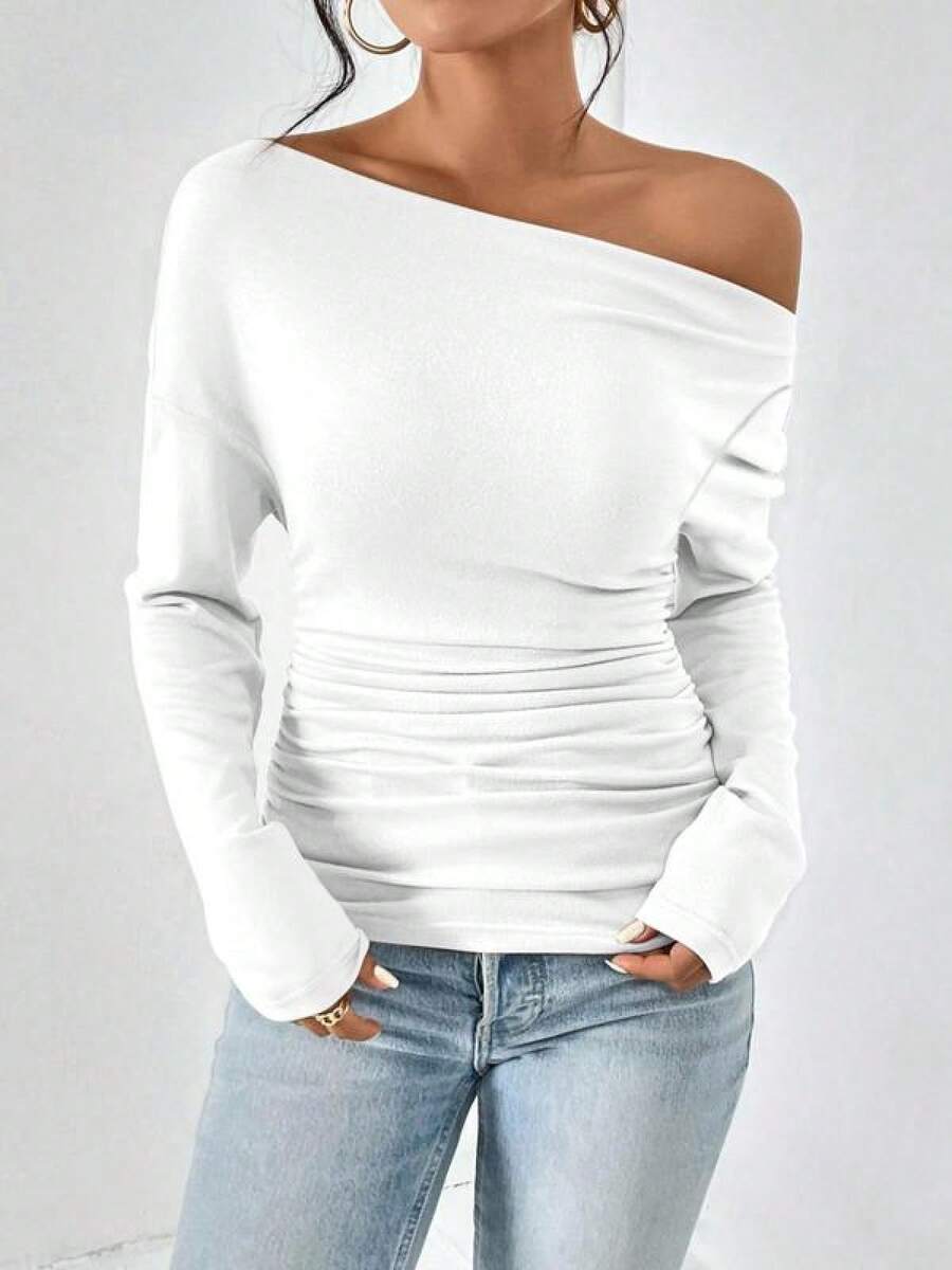 Women's Plain Minimalist Basic Ruched Asymmetrical Neck Drop Shoulder Tee, Elegance Mufti Clothes, Fall Long Sleeve T-Shirt For Everyday, Back To School T Shirts, Lady Clothes For Streetwear, Womenswear, Casual Wear - 白色 - 查看 1