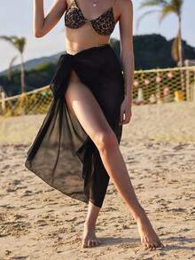 1pc Women's Black Chiffon Sheer Long Beach Cover Up Wrap Sarong Pareo, Sexy & Minimalist Design, Suitable For Beach, Travel, Vacation, Daily Wear - Shape - View 12