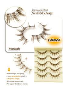 Rikuaild 5对棕色娃娃款自然假睫毛，动漫风格 - 透明睫毛梗，柔软自然，卡通妆效，狐狸眼效果，仙女风格，适合旅行、日常妆容、角色扮演 - 可重复使用的条状假睫毛 - 尖尾漫畫款 - 查看 6