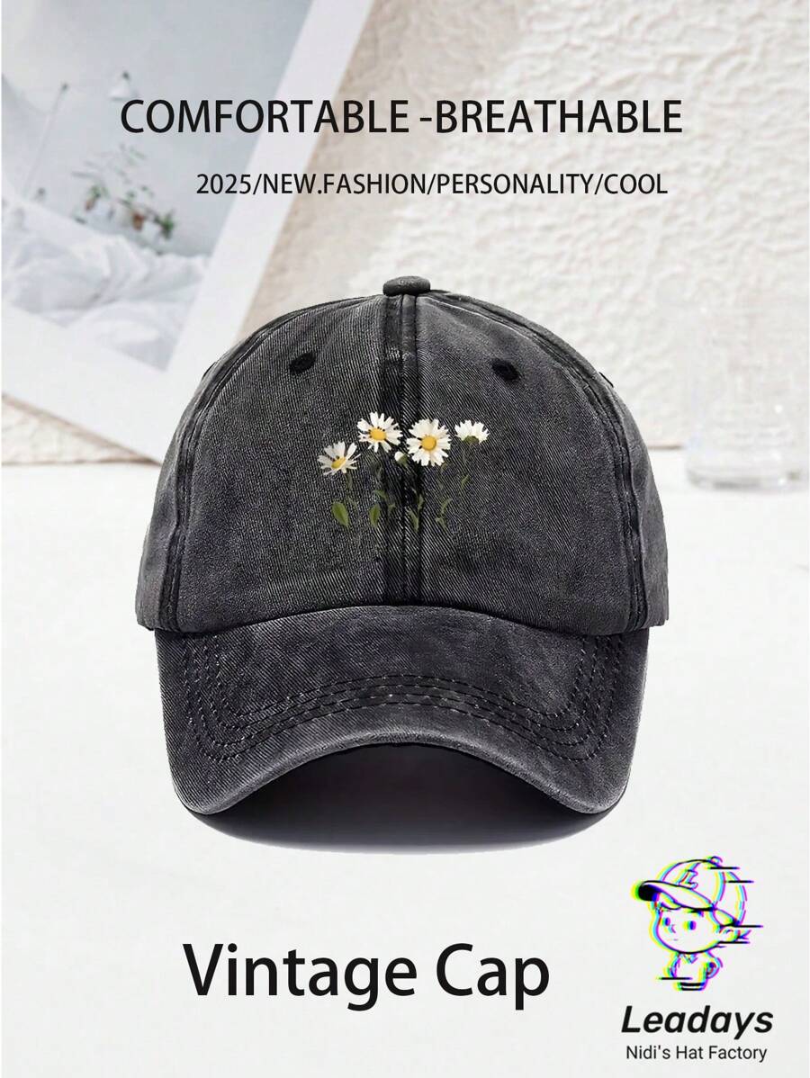 1PC Unisex Daisy Baseball Cap,Curved-Brim Baseball Cap (Dad Hat), With A Vintage Washed Finish And Adjustable Cap Circumference. It Serves As A Sun Hat, Providing Shade. It's Suitable For Outdoor Sports In All Seasons, Can Be Used As A Beach Sun Hat, And Is Great For Daily Wear And Matching. It Also Makes For A Great Gift For Vacations And Trips.