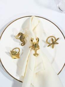 4pcs/Set Vintage Gold Seashell, Starfish, Seahorse & Lobster Sea Life Series Napkin Rings, Table Decor