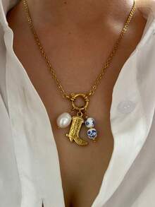 1 件全新优雅奢华陶瓷珠和人造珍珠装饰 18K 金防水时尚百搭女士项链 - 項鍊 - 查看 6