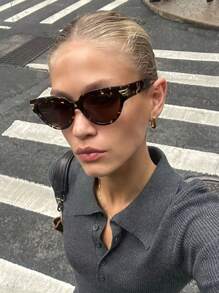 1pc Oval Shaped Large Frame Women's Fashionable Glasses, Simple And Versatile For Summer Beach Vacation, Outdoor, Travel Shades Leopard Tortoise Shell Bohemia Style Cat Eye Frame For Vacation, Beach, Travel Preppy Style For Back To School