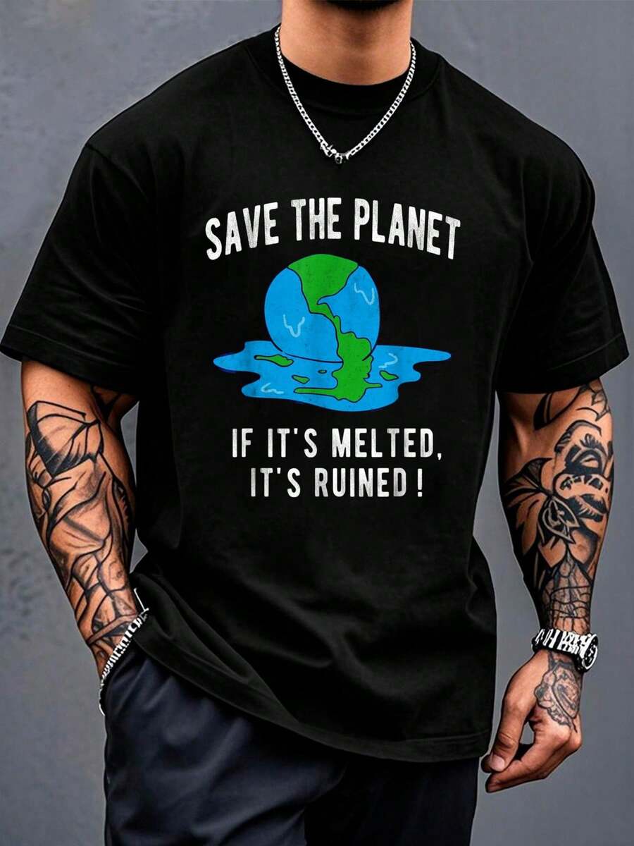 Camiseta con estampado del Día de la Tierra "Salva el planeta, contra el calentamiento global", de manga corta, cuello redondo, cómoda para hombres para primavera y verano - Negro - Ver 1