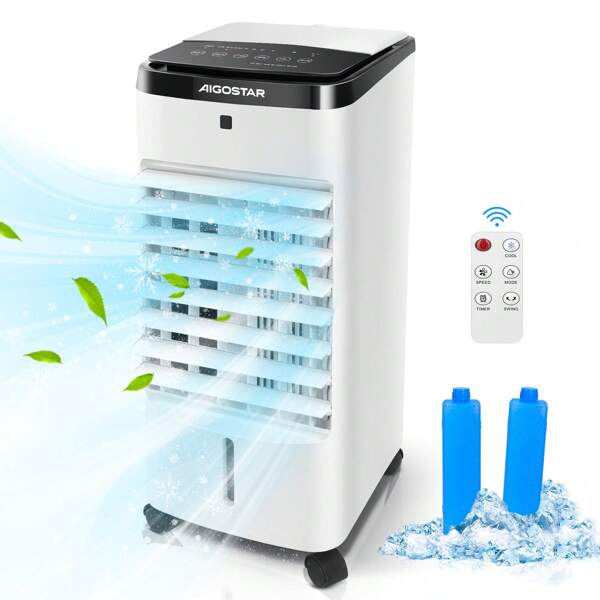 Aigostar Raffrescatore evaporativo con telecomando a 3 modalità di vento e velocità. Con timer per lo spegnimento auto. Serbatoio d'acqua da 3.5L. Base con ruota girevole per lo spostamento