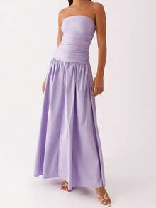 Women Tube Top Maxi Dress Elegant Sleeveless Strapless Ruched Flowy Dress Summer Long Wedding Party Cocktail Dresses - Purple - View 2