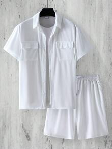 Set estivo casual da 2 pezzi composto da camicia a maniche corte con tasche e bottoni in colore unito + pantaloncini con coulisse, adatto per sport, spiaggia, vacanza e uso quotidiano - Bianco - Visualizzare 3