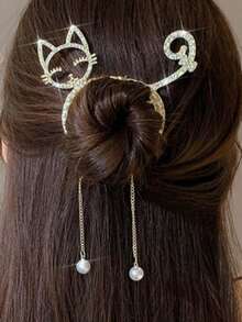 2pcs/Set Women's Gold Cat/Rabbit Ear Pearl Tassel Rhinestone Hair Clips, Non-Damaging Ponytail Clips For Daily Wear - Gold - View 2