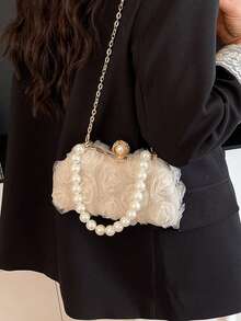 1pc New Fashion Women Clutch Handbag, Elegant Minimalist Solid Color With Rose Decor, Metal Clasp Closure, Pearl Chain, Sophisticated Design For Party, Wedding, High-End Quality