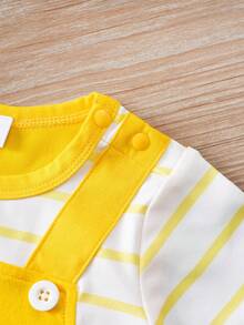 男婴卡通大象围兜二合一条纹短袖连体衣，夏季 - 黃色 - 查看 5