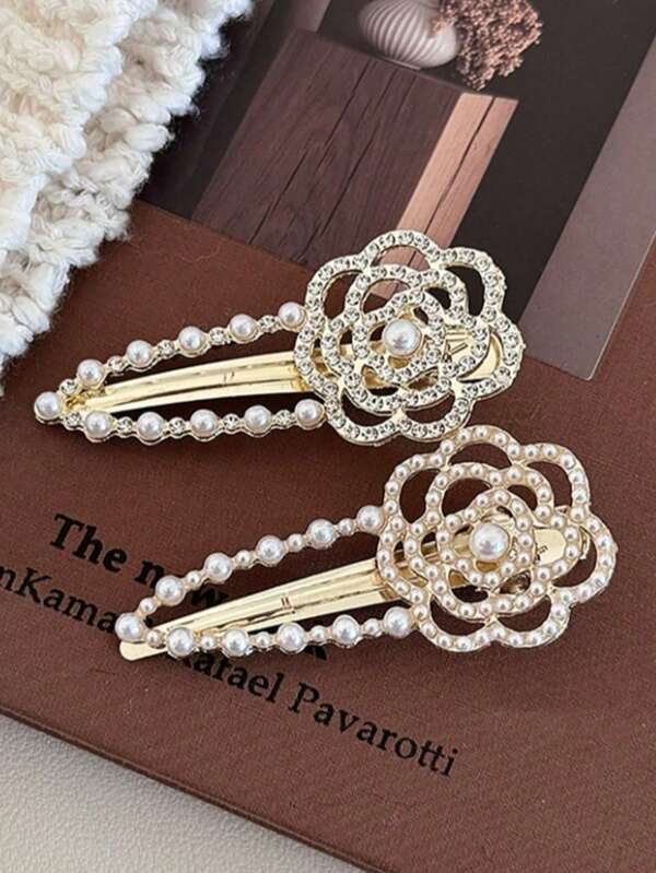 1pc Elegant Street Style Pearl Camellia Hair Clip, Women Side-Swept Bangs Hair Accessory, Suitable For Daily, Party, Date, Valentine's Day, Chinese New Year, Mother's Day, Etc.