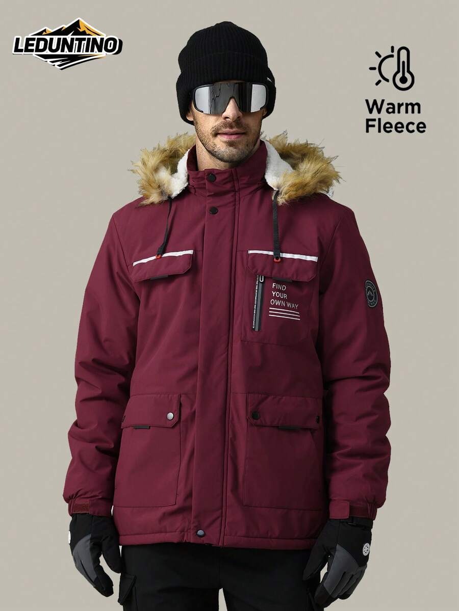 LEDUNTINO Men Fashion Zip Up Casual Outdoor Thick Fleece Jacket, Warm, Sports, Solid, Burgundy, Green, Boyfriend Gift, Men's Winter Fall Letter Printed, Detachable Hood, Multi-Pocket, Windbreaker Jacket Spring Autumn Coat Men