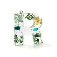 1pc Resin Dried Flower Letter Pendant, Floral Leaf & Golden Sequin Design, For DIY Keychains, Bag Charms, Etc.