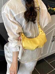 1 pieza Bolso de hombro de unicolor de PU, bolso de mano en forma de media luna de gran capacidad para mujeres adultas, conjunto de moda para compras al aire libre - Amarillo - Ver 5