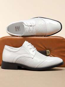 Men's White Embossed Formal Dress Leather Shoes, Patent Leather British Style Groom Wedding Shoes, Lace-Up Office Commute Formal Shoes - White - View 2