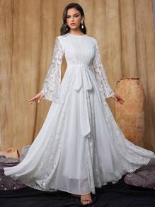 Vestido de Noiva de Luxo Feminino de Renda, Manga Sino, Estilo Boêmio, Casamento ao Ar Livre, Vestido de Noiva Formal Elegante