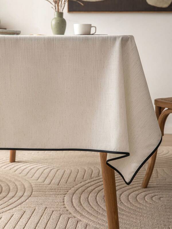 1pc Vintage Farmhouse Style White & Black Edge Tablecloth, Square Shape, Imitation Linen Fabric Suitable For Restaurant, Kitchen, Coffee Table, Wedding Decoration