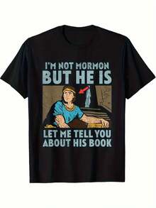 1pc Book Of Mormon Missionary Graphic Tee, 100% Cotton Crew Neck T-Shirt With "I'm Not A Mormon But He Is" Print, Casual Street Style Short Sleeve Top For Adults, All-Season Knit Fabric Pullover - Heat Transfer Design - Black - View 2