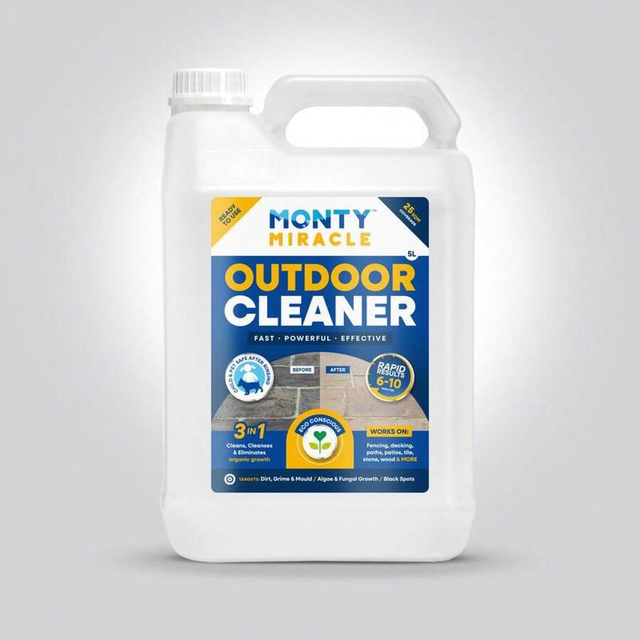 Monty Miracle Patio And Outdoor Cleaner - 5 Litre Bottle Outdoor Organic Growth Remover. Eliminate Algae And Black Spot On Your Driveway, Patio, Roof, Garden Shed, Fences, Decking With Our Fastest Cleaner On The Market. Patented Formula. - 1 - View 1