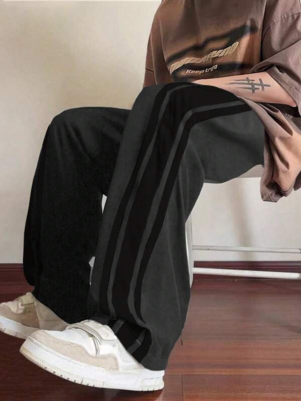 1pc Men's Loose Fit Sports Pants, Casual Beachwear Trousers Suitable For Summer Vacation, Beach, Daily Commute, Sports Training, Jogging, Outdoor Activities, Fitness Running, Casual Streetwear, Striped Straight Leg Design