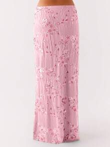 Women's Y2K Summer Sequin Maxi Skirt Sparkle Rhinestone High Waist Floral Embroidery Long Skirt Going Out Glitter Skirt Club Streetwear - Hồng - Xem 3