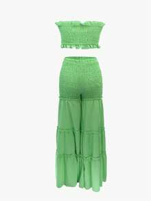 HN311 Elegant Smocked Bandeau Top & Flowy High-Waist Pants Set - Perfect For Vacation & Beach - màu xanh lá - Xem 2