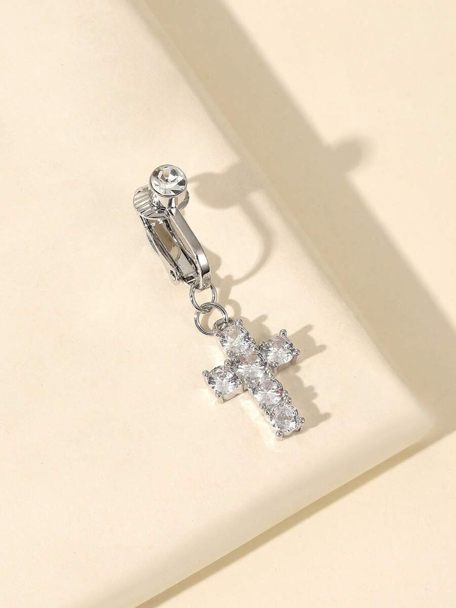 1pc Cubic Zirconia Cross Fake Navel Ring Belly Button Piercing Jewelry For Women - Silver - View 1