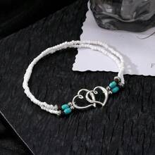1pc Bohemian Layered Beaded Women's Hollow Double Heart Charm Ankle Bracelet Summer Beach Vacation Foot Jewelry Gift