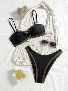2pcs/Set Fashion Gold Accent Stripes Detachable Strap Contrast Color Bikini Swimwear Set - Multicolor - View 5