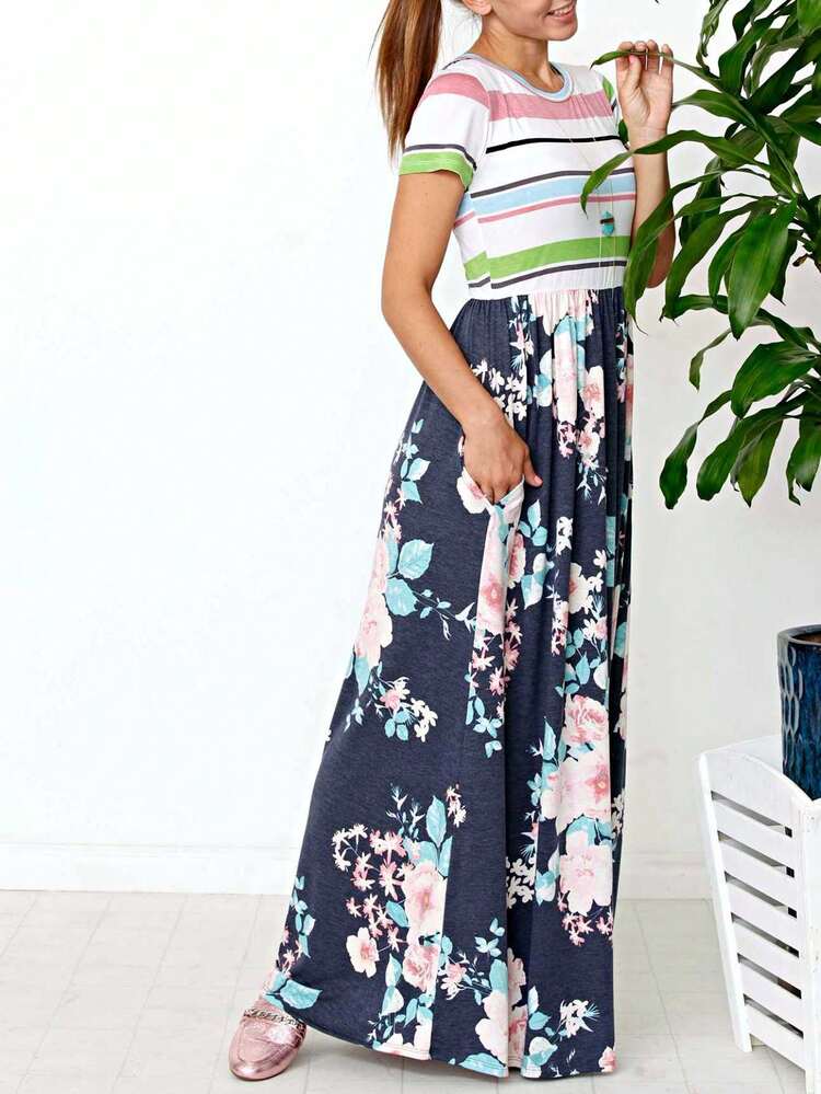 Halter Sleeveless Ditsy Floral Vacation Cruise Multi Chevron Stripe Yellow, Navy And Mint Sleeveless Maxi Dress With Pocket | S-3X - Navy and Pink - View 2