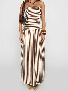 Women Elegant Tube Long Dress Ruched Dress Boat Neck Dress Backless Dress Sleeveless Dress Strapless Dress Flowy Dresses Off Shoulder Dress - Yellow - View 7