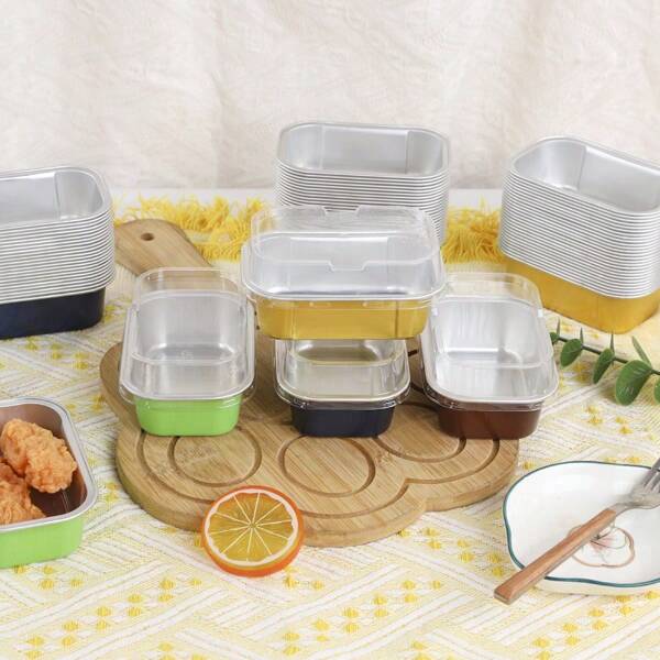 30pcs (4.3*2.8 Inch) Colorful Aluminum Foil Mini Dessert Cups, Includes Lids, Disposable Aluminum Foil Food Containers, Mini Cake Pans, Muffin Liners, Baking Tools, Mini Cake Party Foil Trays