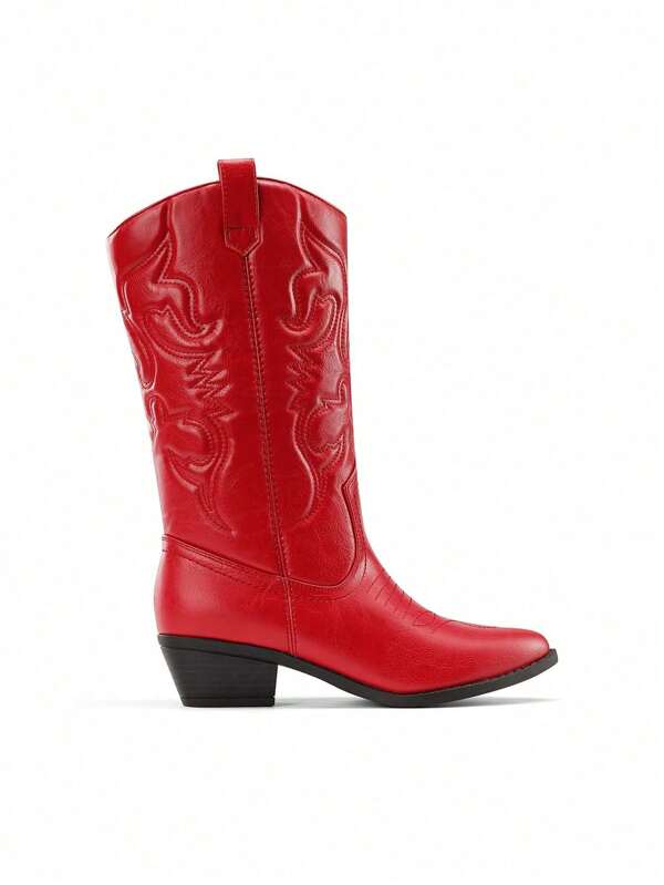 Women'S Cowboy Western Boots Point Toe Pull On Cowgirl Boots Embroidered Detail Chunky Heeled Music Festival Matching Dress Mid Calf Boots