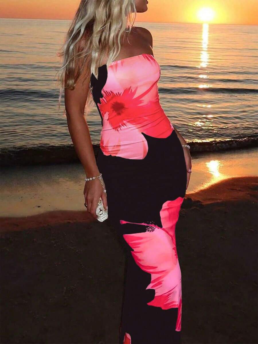 فستان نسائي أنيق للصيف، للإجازات، للحفلات، مطبوع بالأزهار بتصميم أنبوبي، فستان التنين مناسب للعمل والمكتب في أي وقت