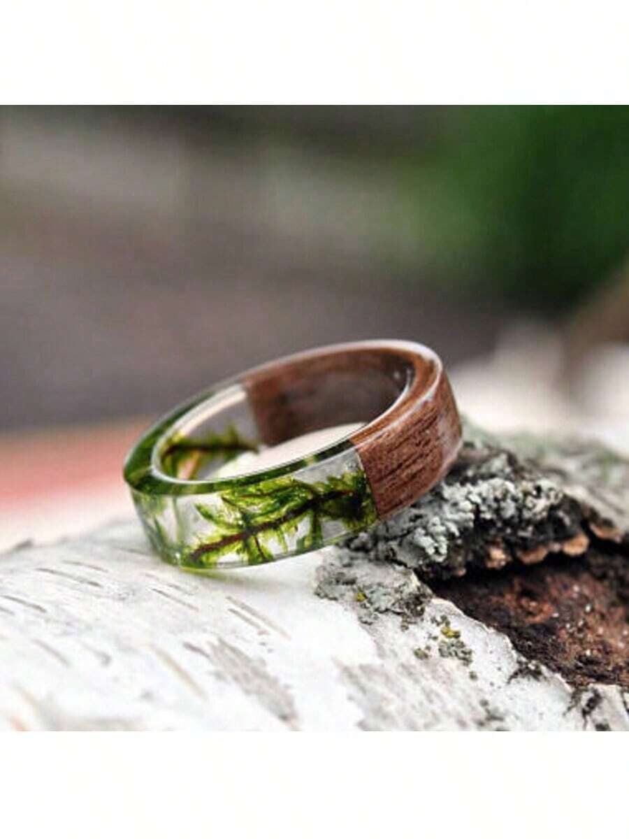 1pc Handmade Dried Flower Resin Ring For Women, Unique Design - Wood - View 1