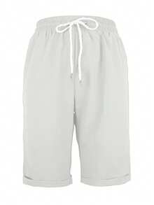 女士纯色休闲卷腰抽绳短裤夏季 - 奶奶灰 - 查看 3