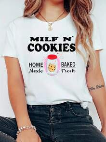 Milf N' Cookies Stay At Home Milf Funny Milf Mom Mama Milf T-Shirt Print T-Shirt Casual Crew Neck Short Sleeve Comfort Tee Top For Spring & Summer Women's Clothing - 白色 - 查看 1