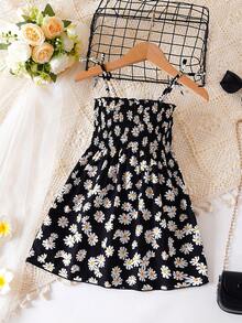 Young Girl's Little Daisy Beach Tie Suspender Dress Baby Floral Princess Dress - Black - View 2