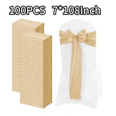FXKS 72 PCS Champagne Satin Chair Sashes,Bows Sashes Universal Chair Covers,Reusable Chair Cover Back Tie Supplies For Wedding Reception Events Banquets Home Kitchen Decoration (7 X 108 Inch)