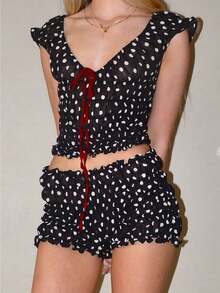 Women Sexy Pajamas Set Two Piece Lounge Sets Short Sleeve Bow Ruffle Shirt Crop Top High Waist Shorts Set - 黑色 - 查看 1