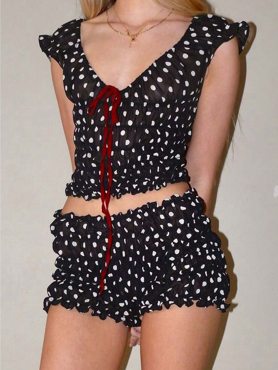 Women Sexy Pajamas Set Two Piece Lounge Sets Short Sleeve Bow Ruffle Shirt Crop Top High Waist Shorts Set - 黑色 - 查看 1
