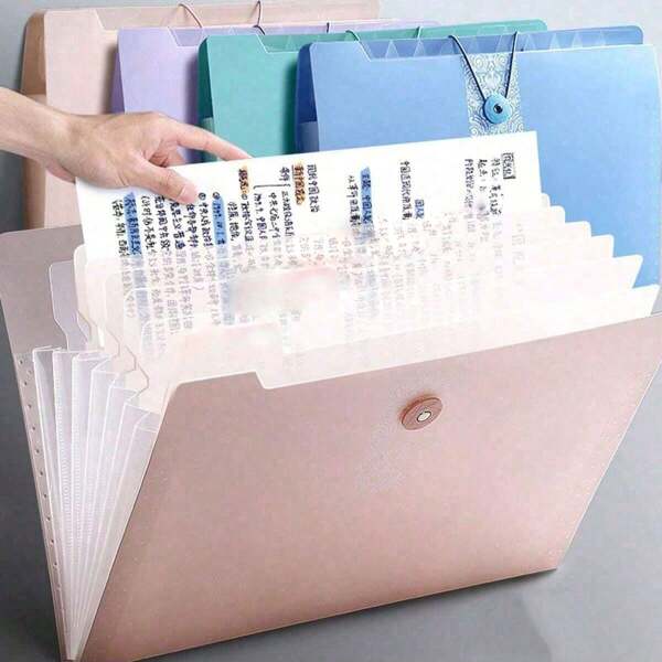 (Random Color Stickers) 1pc Pink 5-Grid Accordion File Folder, Student Test Paper Holder, Cute Transparent Multi-Layer A4 Document Organizer Bag