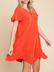 Women's Casual A-Line Dress Basic Short Sleeve Ruffled Asymmetric Hem Shirt Dress Buttoned Keyhole Neck Red Soft Lightweight Fabric Side Pocket Ideal For Spring/Summer Seasons For A Relaxed Effortless Look - Màu Cam san hô - Xem 2
