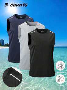 Three Pieces Men's Fitness Sports Tank Tops, Summer Thin Outdoor Running Sleeveless Training T-Shirt Solid Colorwith Reflective Strip, Casual Beach Clothing
