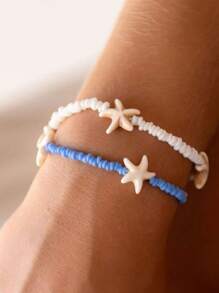 2pcs/Set Summer Holiday Style Fashion Turquoise Starfish Bracelets, Suitable For Women Daily, Beach, Party, Gift