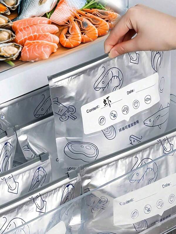 10/20PCS Aluminum Foil Fresh Keeping Sealed Bags, Reusable Fridge Food Freezer Storage Bags, Anti-Bacterial Aluminum Foil Food Storage Bags, Thick Freezer Bags For Long-Lasting Preservation, Organization Food For Fridge, Home Refrigerator Organization, Travel, Outdoor Party Storage, Suitable For Fruits, Vegetables, Grains And Meat 1PC