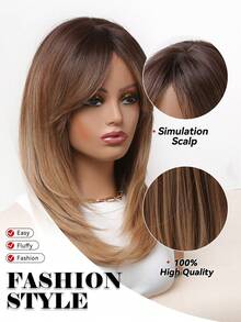 16 Inch Middle Long Straight Hair Brown To Blonde Wig Dark Roots Synthetic Wigs Heat Resistance Hair With Side Bangs Wigs For Women - Brown Ombre - View 8