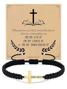 Goodwaro 1 件 18K 镀金不锈钢基督教礼物十字架手链，男/女手工编织信仰励志祈祷珠宝礼物 - 黑色 - 查看 3