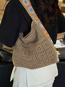 Yogodlns 极简针织单肩包、波西米亚风钩针手提包、复古蕾丝镂空钱包、女士休闲腋下斜挎包、时尚网眼钩针单肩包、休闲购物袋、大容量针织旅行钱包/手提包 - 卡其色 - 查看 6